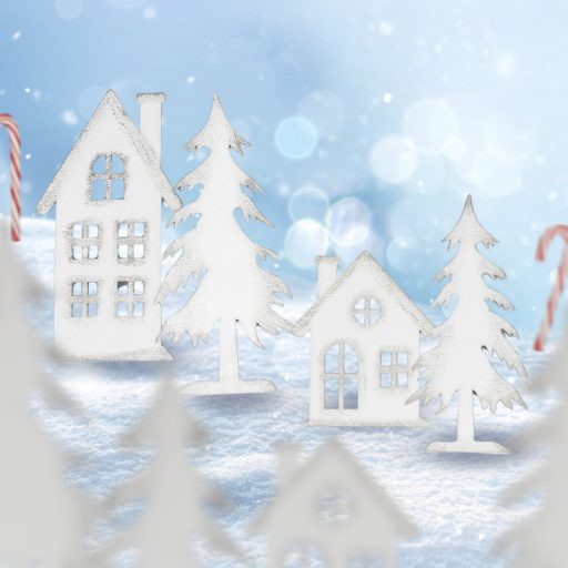 Natúr fa - Házikó szett 2db/cs fehér-ezüst – karácsonyi dekorációhoz