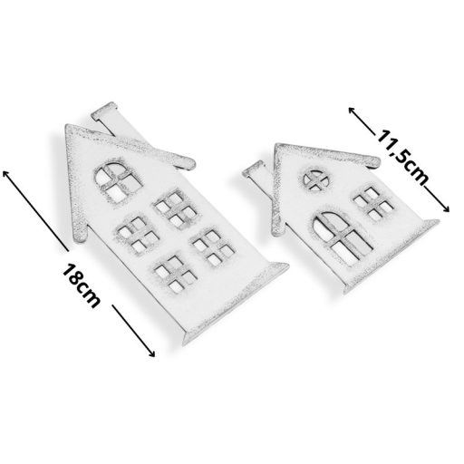 Natúr fa - Házikó szett 2db/cs fehér-ezüst – karácsonyi dekorációhoz