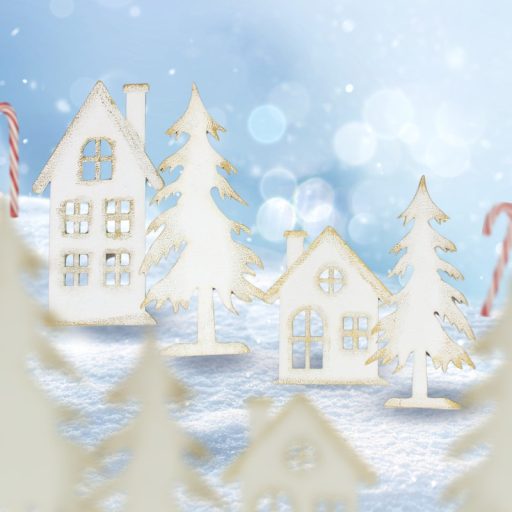 Natúr fa - Házikó szett 2db/cs fehér-arany – karácsonyi dekorációhoz