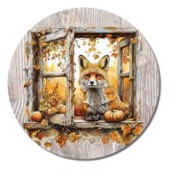 Nyomtatott fa tábla koszorú közép - Őszi ablak róka 11,8cm – őszi dekorációhoz