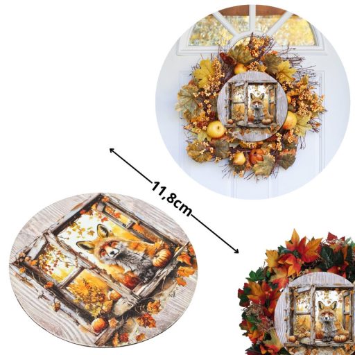 Nyomtatott fa tábla koszorú közép - Őszi ablak róka 11,8cm – őszi dekorációhoz
