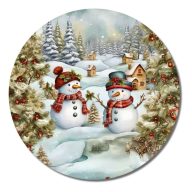 Nyomtatott fa tábla koszorú közép - Hóemberek téli táj 11,8cm – karácsonyi dekorációhoz