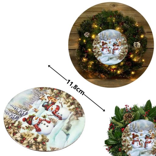 Nyomtatott fa tábla koszorú közép - Hóemberek téli táj 11,8cm – karácsonyi dekorációhoz