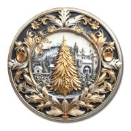 Nyomtatott fa tábla koszorú közép - Arany fenyő 11,8cm – karácsonyi dekorációhoz