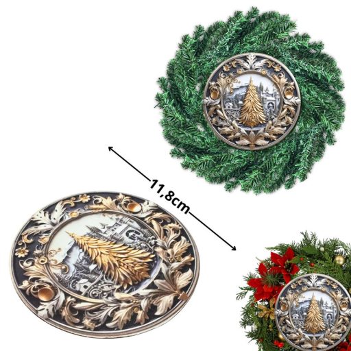 Nyomtatott fa tábla koszorú közép - Arany fenyő 11,8cm – karácsonyi dekorációhoz