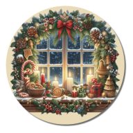 Nyomtatott fa tábla koszorú közép - Karácsonyi ablak gyertyás 11,8cm – karácsonyi dekorációhoz