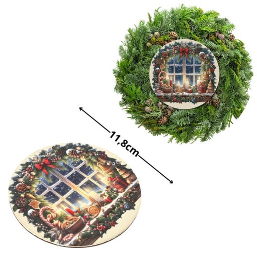 Nyomtatott fa tábla koszorú közép - Karácsonyi ablak gyertyás 11,8cm – karácsonyi dekorációhoz