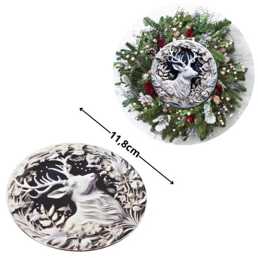 Nyomtatott fa tábla koszorú közép - Fehér szarvas 11,8cm – karácsonyi dekorációhoz