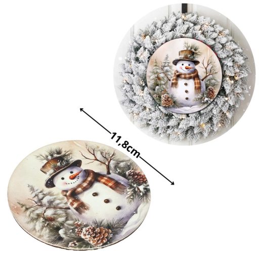 Nyomtatott fa tábla koszorú közép - Mosolygós hóember 11,8cm – karácsonyi dekorációhoz