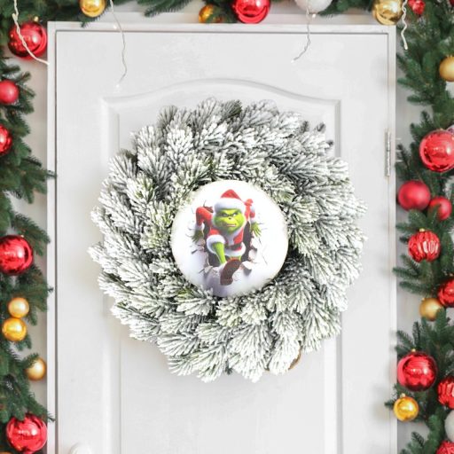 Nyomtatott fa tábla koszorú közép - Faltörő grincs 11,8cm – karácsonyi dekorációhoz