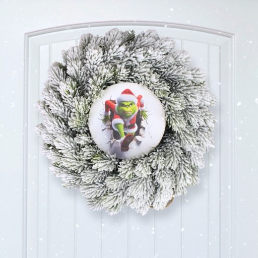 Nyomtatott fa tábla koszorú közép - Faltörő grincs 11,8cm – karácsonyi dekorációhoz