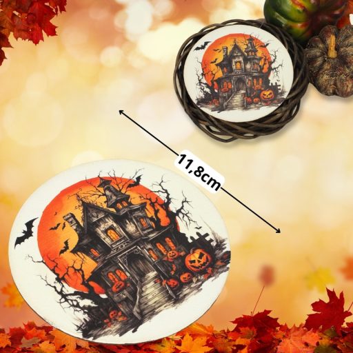 Nyomtatott fa tábla koszorú közép - Halloween kastély 11,8cm – őszi dekorációhoz