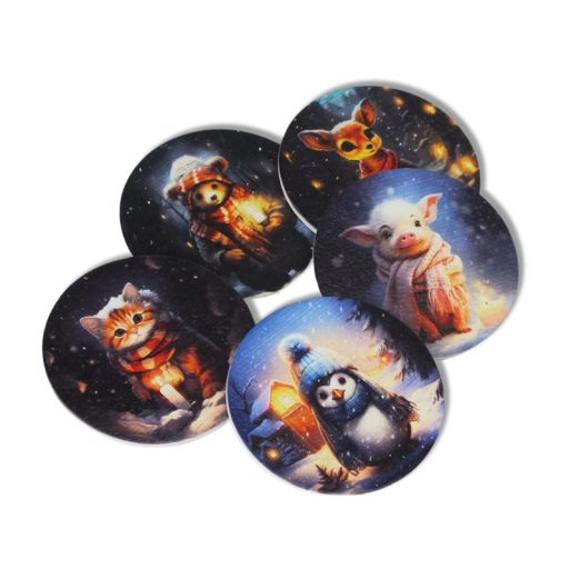 Nyomtatott fa tábla - Téli kisállatok 5db/csomag – karácsonyi dekorációhoz