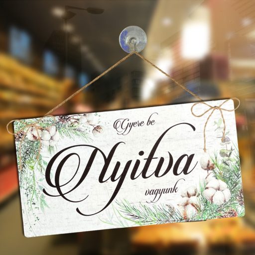 Nyomtatott fa tábla - Zárva-Nyitva tábla - téli gyapotvirággal 24,3x13cm – karácsonyi dekorációhoz