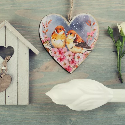 Nyomtatott dekorkarton - Szív táblák 3db/cs Madárkák virágon – valentin napi dekorációhoz