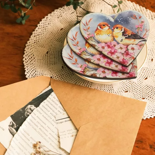 Nyomtatott dekorkarton - Szív táblák 3db/cs Madárkák virágon – valentin napi dekorációhoz