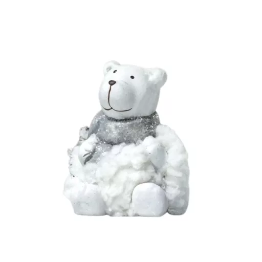 Kerámia jeges mackó fehér pihe-puha bundában – karácsonyi dekorációhoz