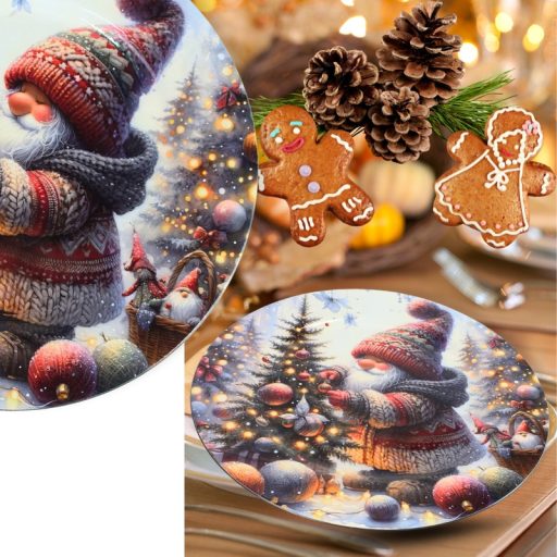 Műanyag kerek tálca Karácsonyfát díszítő manó 33cm – koszorúkészítéshez