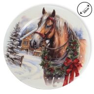 Műanyag kerek tálca Havas táj lóval 33cm – koszorúkészítéshez
