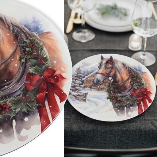 Műanyag kerek tálca Havas táj lóval 33cm – koszorúkészítéshez