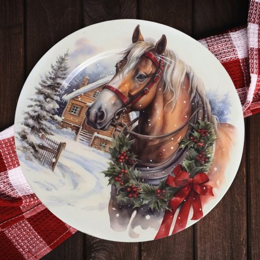 Műanyag kerek tálca Havas táj lóval 33cm – koszorúkészítéshez