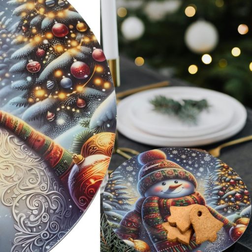 Műanyag kerek tálca Sálas hóember 33cm – koszorúkészítéshez