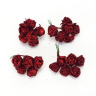 Rózsa csokor csillámos bordó 6 fejes 4cs/csomag – koszorúhoz, természetes dekorációhoz