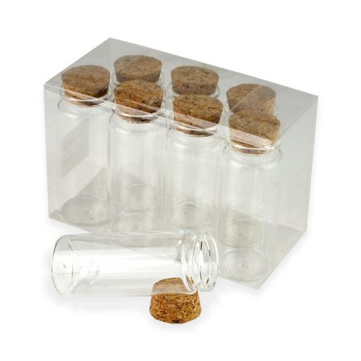 Üvegcse parafadugóval 3,7*9cm 8db/dob – esküvői dekorációhoz