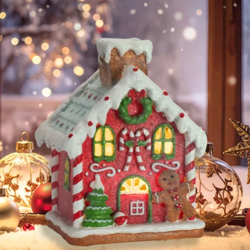  Mézeskalács házikó kéményes világítós-zenélős   – karácsonyi dekorációhoz