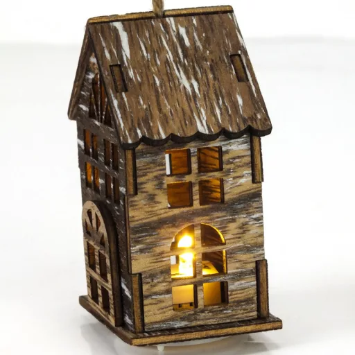 Házikó fából ledvilágítással vintagebarna – karácsonyi dekorációhoz