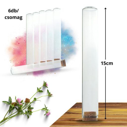 Üveg kémcső parafa dugóval 2,2x15cm 6db/csomag – esküvői dekorációhoz