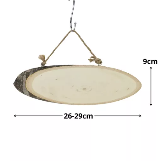 Akasztós fa szelet ovál, kisebb méret (16–30 cm), kérges szélű, zsinóros akasztóval – gravírozáshoz, dekupázshoz és festéshez