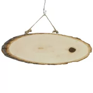   Akasztós fa szelet ovál, nagyobb méret (30 cm felett), kérges szélű, zsinóros akasztóval – gravírozáshoz, dekupázshoz és festéshez
