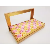 Prémium szappanrózsa szelence átlátszó tetejű natúr dobozban-krém és rózsaszín rózsával – kreatív dekorációhoz