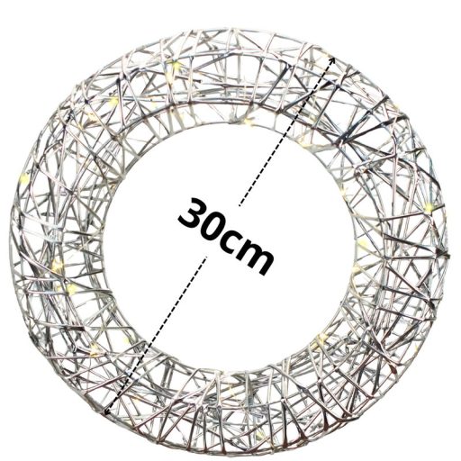 Világító koszorú - ezüst 30cm, időzítővel – ajtódíszhez, koszorúalapnak