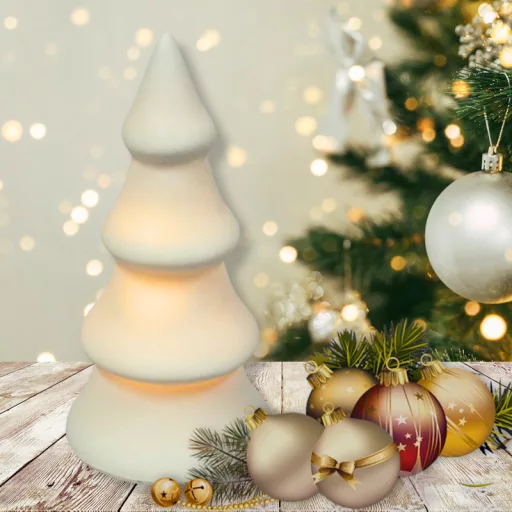Világító porcelán fenyő 13cm – karácsonyi hangulatvilágításhoz – karácsonyi dekorációhoz és ünnepi díszítéshez – Papelito.hu