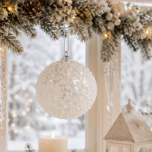 Fehér glitteres karácsonyfadísz 8cm