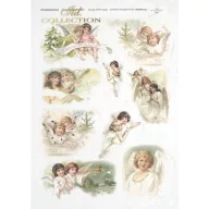 ITD R0196 rizspapír – vintage angyalkák lanttal, trombitával, feliratos szalaggal és fenyőkkel