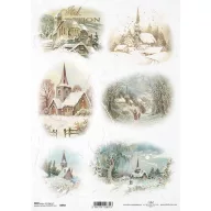 ITD R0992 rizspapír – 6 régies havas falukép templommal és erdővel