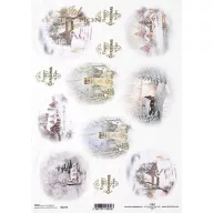 ITD R1274 rizspapír – havas templomok ovális vignettákban arany Happy Christmas felirattal