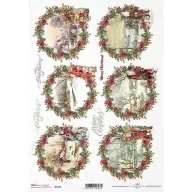 ITD R1472 rizspapír – 6 magyalos piros koszorú havas tájjal, Mikulással, Merry Christmas felirat