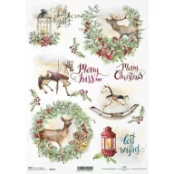ITD R1637 rizspapír – szarvasos koszorúk, hintaló, lámpások és Merry Christmas feliratok