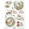 ITD R1637 rizspapír – szarvasos koszorúk, hintaló, lámpások és Merry Christmas feliratok