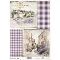 ITD R2238 rizspapír – provence-i levendulamező, kőházas utca és lila kockás minta