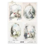 ITD R2569 rizspapír – húsvéti nyuszik ovális virágos keretben Happy Easter felirattal
