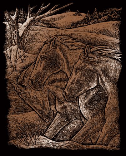 Képkarcoló készlet karctűvel - 20x25 cm - Réz - Lovak