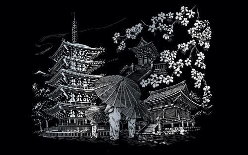 Képkarcoló készlet karctűvel, felnőtteknek - 28x36 cm - Ezüst - Kyoto Templom