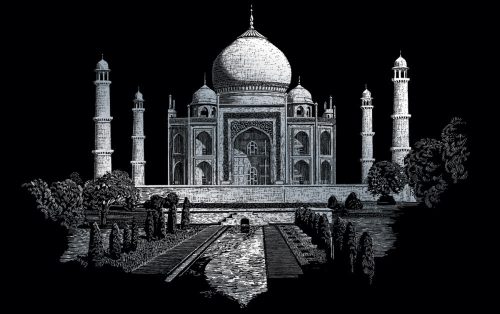 Képkarcoló készlet karctűvel, felnőtteknek - 28x36 cm - Ezüst - Taj Mahal