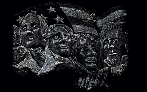 Képkarcoló készlet karctűvel, felnőtteknek - 28x36 cm - Ezüst - Rushmore-hegyi szoborcsoport (Washington, Jefferson, Roosevelt, Lincoln)