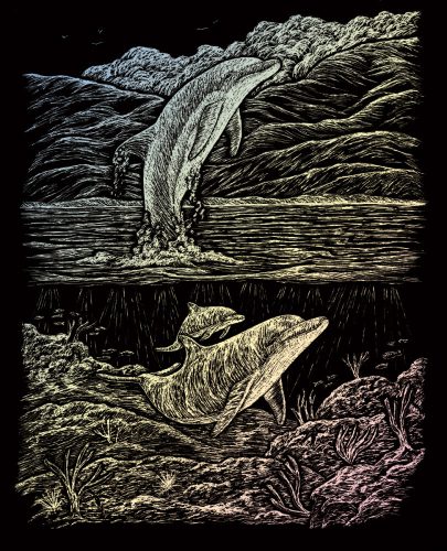 Képkarcoló készlet karctűvel - 20x25 cm - Holografikus - Delfinek